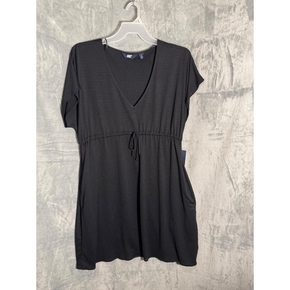 Lands End Black Swim Cover Up Dress V-Neck Empire Waist Pockets 1X 26LEKSP921